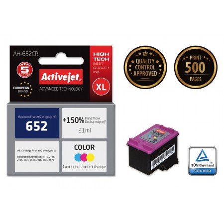 Activejet AH-652CR ink for HP printer- HP 652 F6V24AE replacement- Premium- 21 ml- color