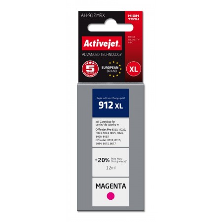 Activejet AH-912MRX Ink (replacement for HP 912XL 3YL82AE- Premium- 990 pages- 12 ml, magenta)