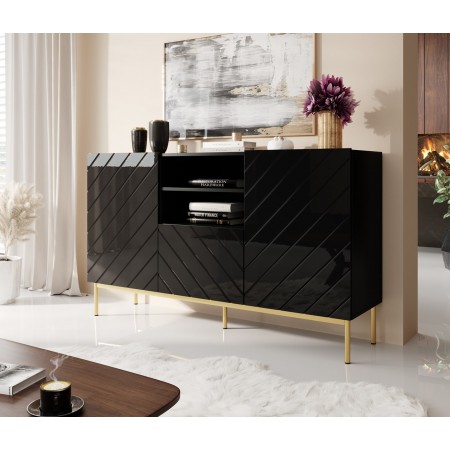 ABETO chest of drawers on golden steel frame 150x42x90 black/black gloss