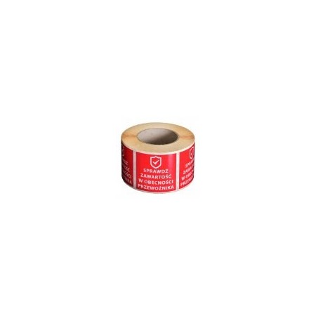 SELF-ADHESIVE LABEL, STICKER WITH THE TEXT "CHECK CONTENTS IN THE PRESENCE OF THE CARRIER" STRONG ADHESIVE, 1000 pcs., 80X80