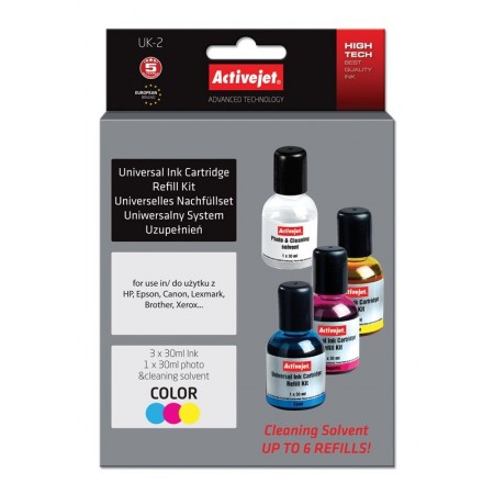 Activejet UK-2 Replenishment System Universal Replacement for HP, Canon, Epson, Brother printers- Supreme- 3x30ml-  colour.