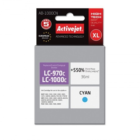 Activejet AB-1000CN Ink cartridge (replacement for Brother LC1000C/970C- Supreme- 36 ml- cyan). Prints 550% more.