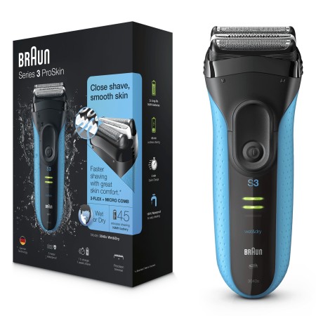 Braun Series 3 3040s Máquina de barbear com lâminas que se adaptam ao contorno do rosto Aparador Preto, Azul