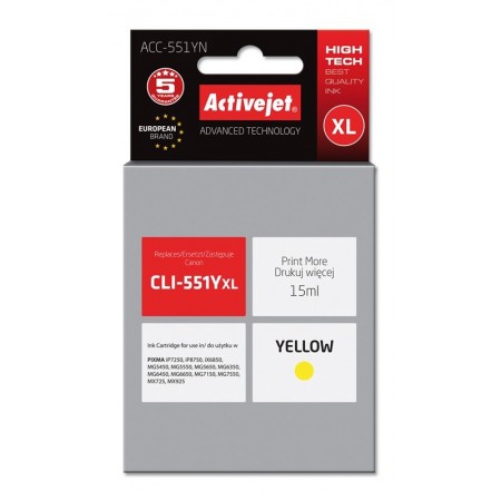 Activejet ACC-551YN Ink cartridge (replacement for Canon CLI-551Y- Supreme- 15 ml- yellow)