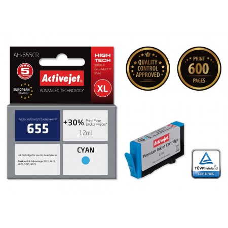 Activejet AH-655CR ink for HP printer- HP 655 CZ110AE replacement- Premium- 12 ml- cyan