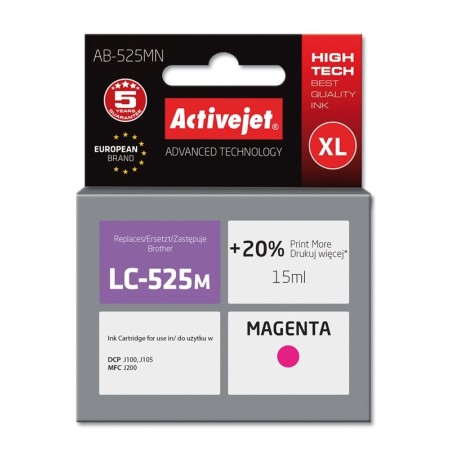 Activejet AB-525MN ink (replacement for Brother LC525M- Supreme- 15 ml- magenta). Prints 20% more than OEM.