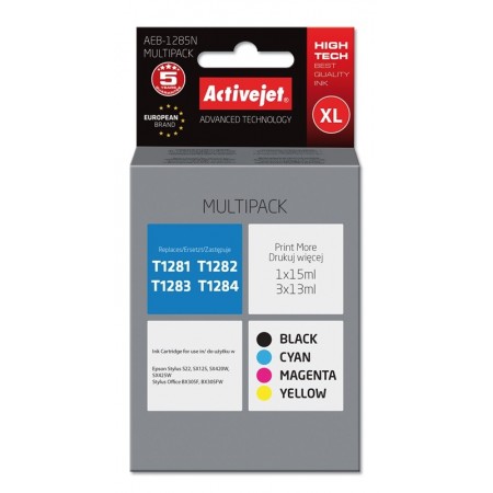 Activejet AEB-1285N Ink (replacement for Epson T1281, T1282, T1283, T1284- Supreme- 1 x 15 ml, 3 x 13 ml- black, magenta, cyan,