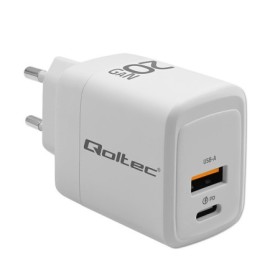 Qoltec GaN 20W charger| 5-20V | 1.5-3A | 1 x USB-C PD | 1x USB QC 3.0 | White