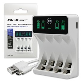 Qoltec Battery Charger for Ni-MH type R03 AAA R6 AA | LCD | USB-C cable | White