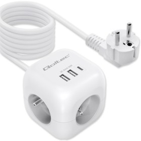 Qoltec Power cube 6-in-1 extension cord with illuminated switch | 3x AC | 2x USB | 1x USB-C PD 20W | White | Cable 2m