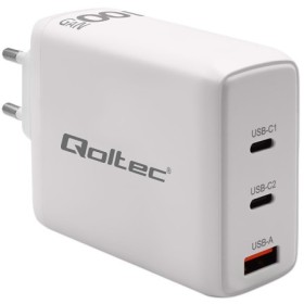 Qoltec GaN 100W charger| 5-20V | 1.5-5A | 2 x USB-C PD | 1x USB QC 3.0 | White