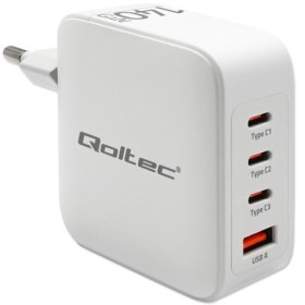Qoltec GaN 140W charger| 5-20V | 2.5-5A | 3 x USB-C PD | 1x USB QC 3.0 | Laptop | Smartfon | White